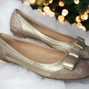 SALVATORE FERRAGAMO Gold Glitter Flats With Bow, Holidays!  Size 7.5 Made Italy